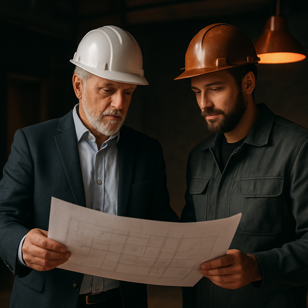 Site manager reviewing refurbishment plans with a tradesperson